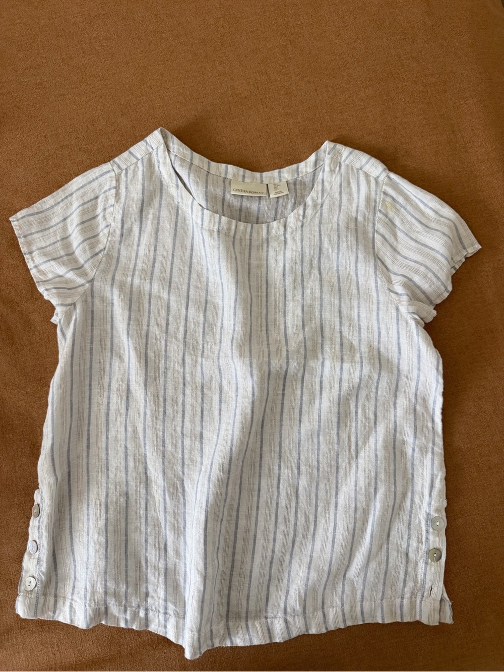 Cynthia Rowley White and Light Blue Striped Linen Blend Top